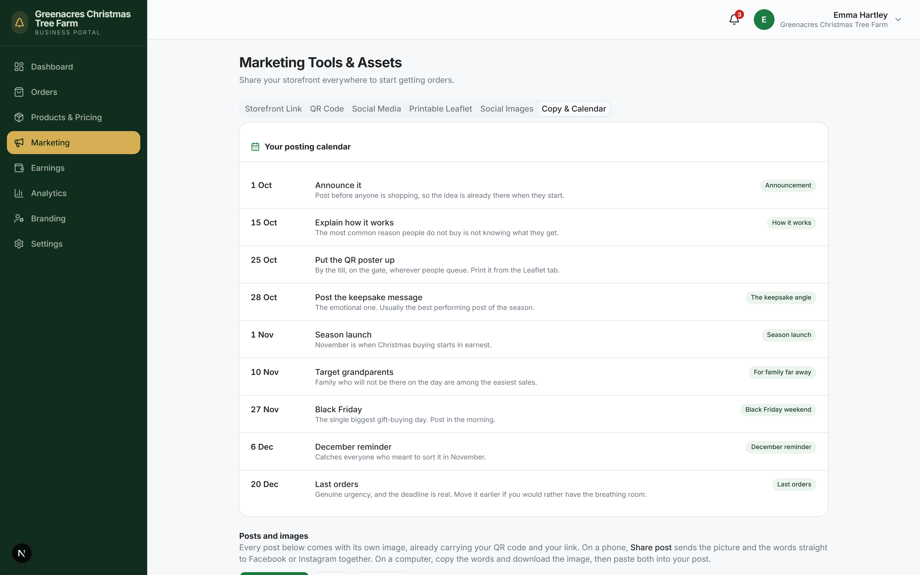 Marketing tools: storefront link, QR code, printable leaflet and social posts.